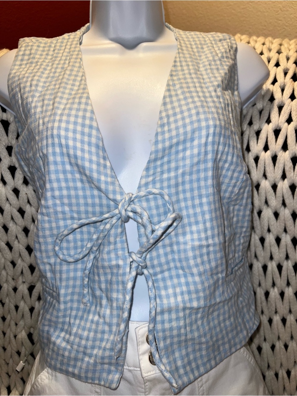 Light Blue Gingham Tie-Front Women's Vest Top
